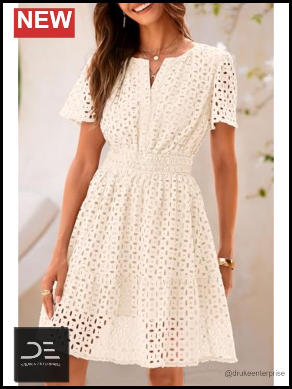 V Neck Short Sleeve A Line Hollow Out Lace Cute Casual Beach Dress - Picture 5 of 6